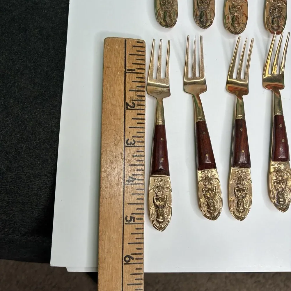 Vintage Thailand Siam Set For 8 Teak Brass Dessert Flatware w/Wooden Case